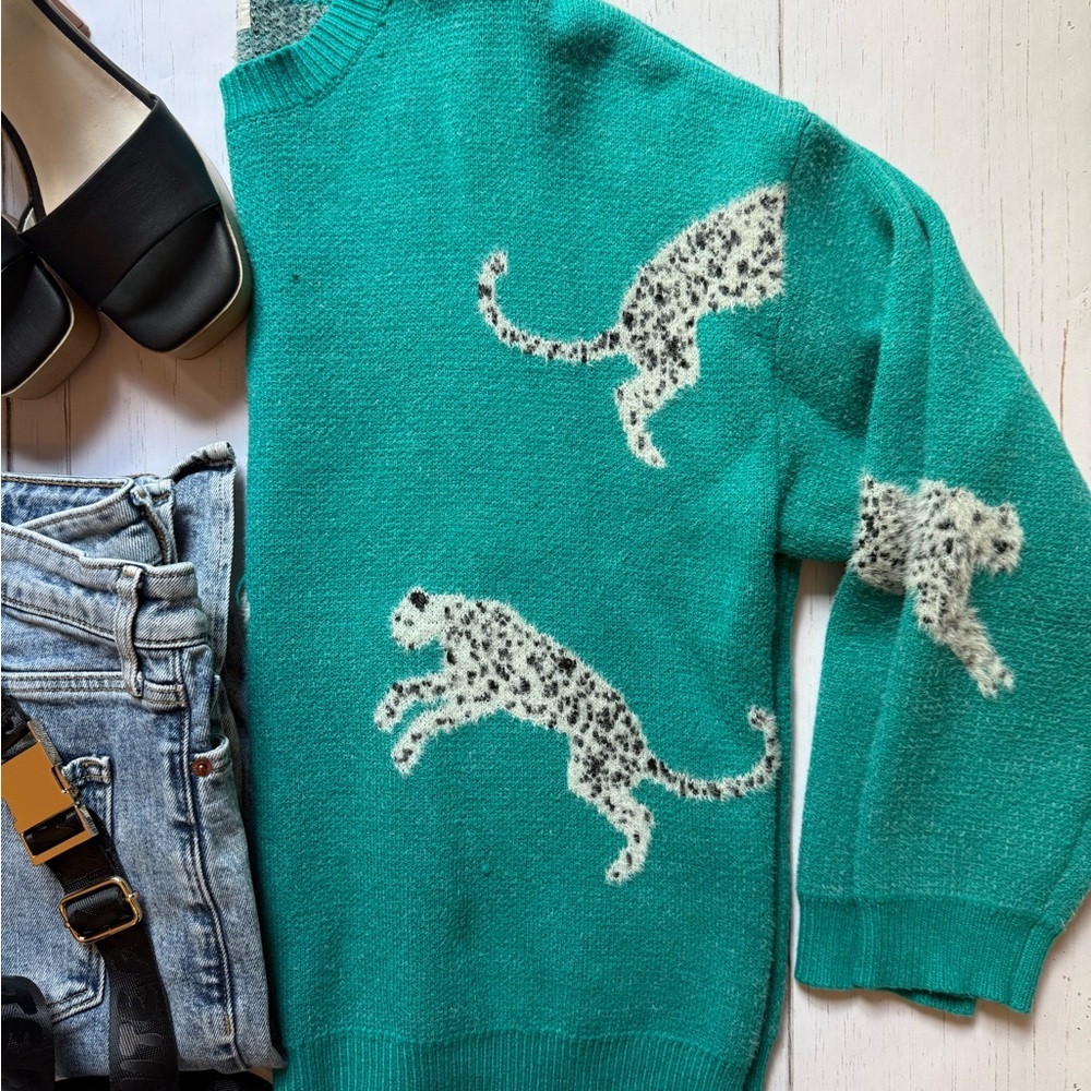 Teal Leopard Print Women's Sweater